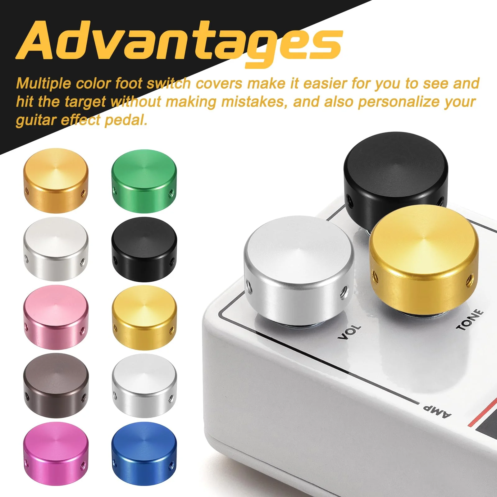 MECCANIXITY 12 Pcs Footswitch Toppers Guitar Pedal Button Caps Metal Footswitch Top Cover 3/8" for Guitar Effects Pedal Buttons, Gold, Blue - Image 3