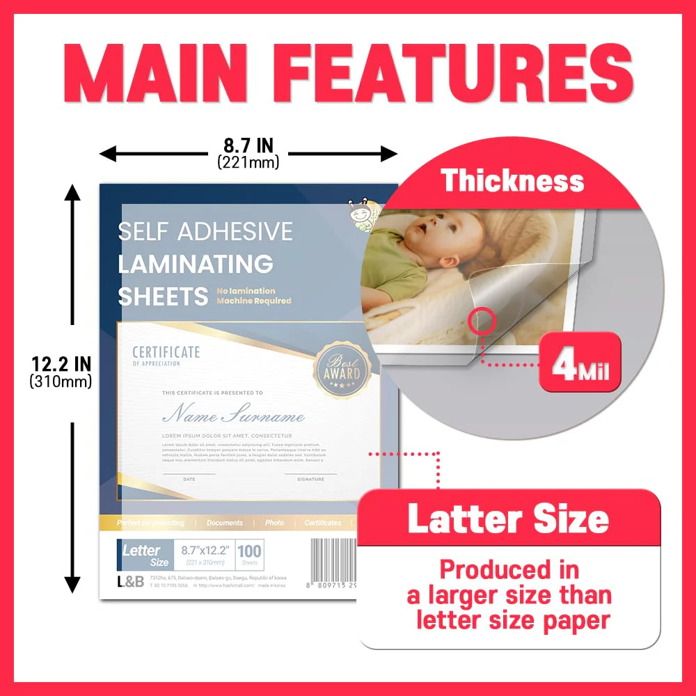No Heat Laminating Sheets Self Sealing 8.7 x 12.2 Inch, 20 Pack, 4mil Thickness, Transparent, No Machine Self Adhesive Laminating Sheets, Protect documents and Photos [Letter Size] by HA SHI Letter Sizes 20 Sheets (Letter Size, 9x12 Inch) Transparent - Image 5